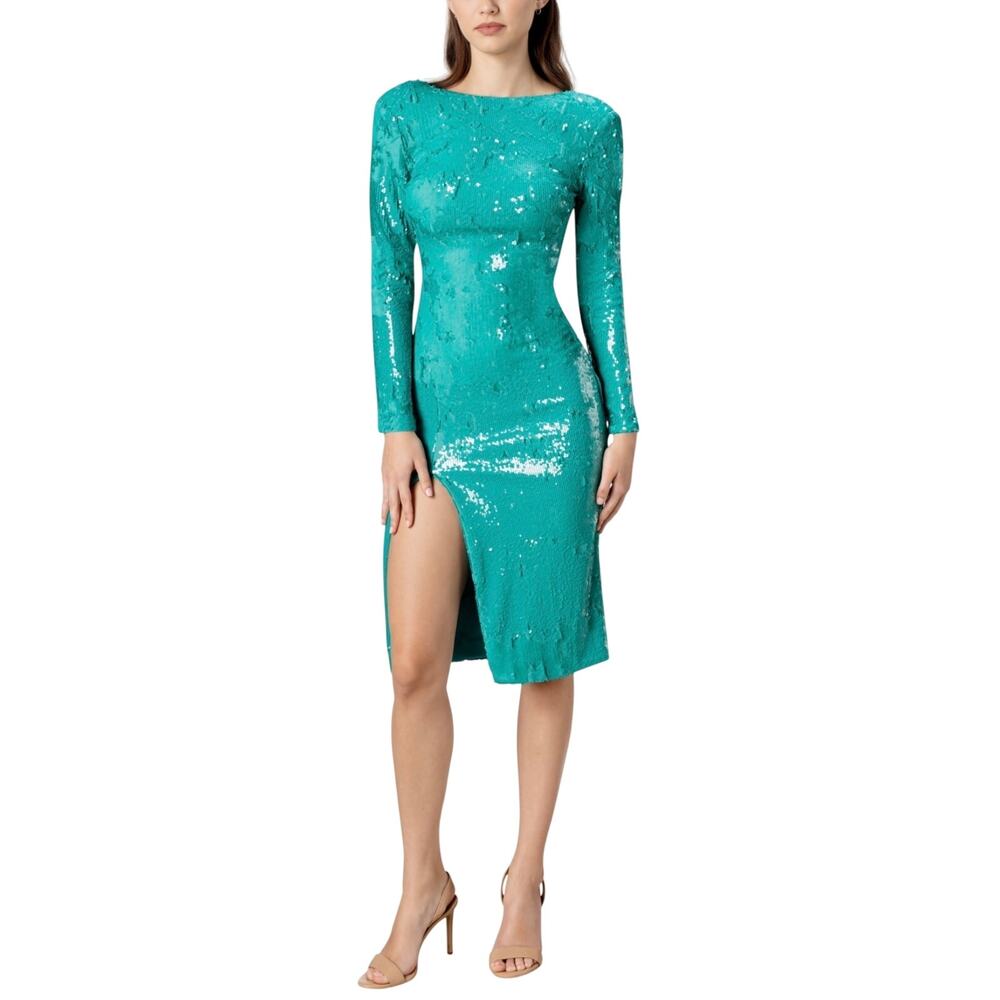 Dress the Population Natalie XXS Turquoise Sequin Long Sleeve Midi Dress Slit